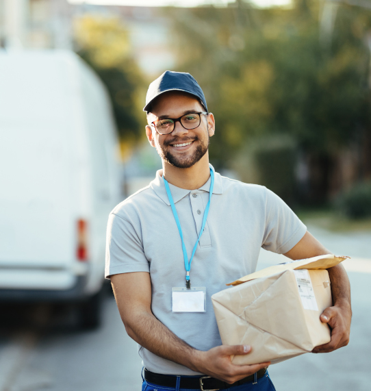 Portrait of young happy courier with packages for a delivery.